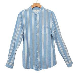 Onia Shirt Mens Medium Blue Striped Roll Tab Sleeve Linen Cotton Travel Beach